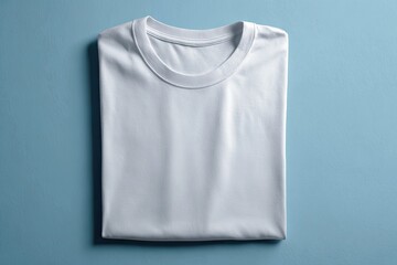 Folded white t-shirt on light blue surface