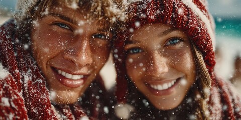 Couple enjoying a snowy day in winter, bundled up in warm clothing amid falling snowflakes