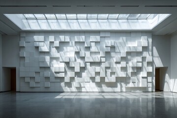 White, geometric wall, sunlit interior
