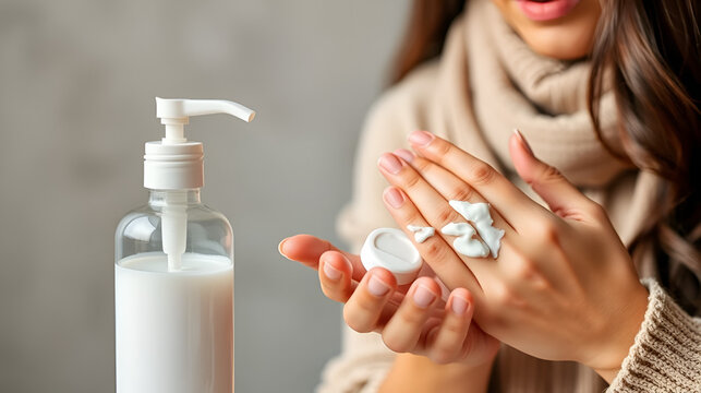 un bote dispensador de crema de manos, una mujer pone crema en sus manos