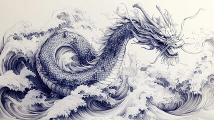 A stylized dragon, depicted in shades of gray-blue,  surges through a tempestuous sea.  Detailed scales and ornate features