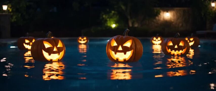 Luxury pool at night with floating pumpkins, their faces shifting into screaming expressions reflected violently on water