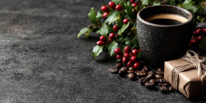Warm coffee cup accompanied by holiday decorations and roasted coffee beans on a dark table during winter - Powered by Adobe