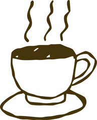 Illustration line art of a steaming hot coffee cup on a saucer. Perfect for café branding, menu design, posters, morning coffee themes, and digital artwork.