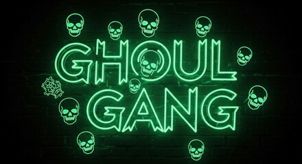 Naklejka premium Vibrant green neon 'Ghoul Gang' text with skulls on a brick wall