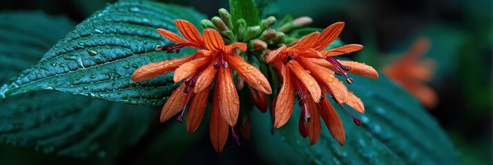 Vibrant orange flowers bloom amidst lush green leaves in a tropical garden after rainfall