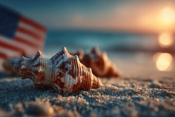 Colorful seashells on sandy beach with American flag and sunset in the background near a calm ocean shore