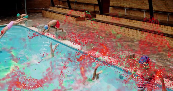 Kids pushing off starting blocks for health lesson, diving into pool with swirling confetti trails