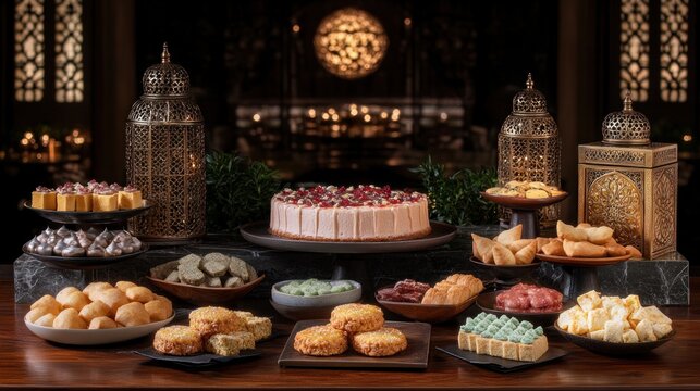 A lavish spread of assorted pastries and sweets, elegantly displayed on a wooden table - Powered by Adobe