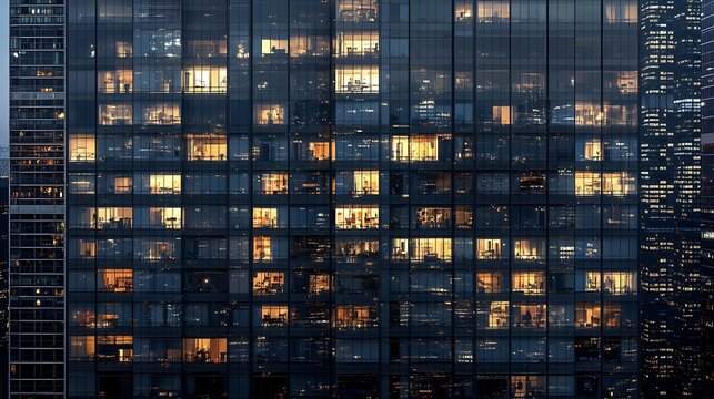 Stunning glass skyscrapers reflecting city buildings during sunset horizon image