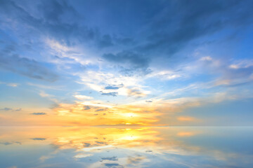 blue bright dramatic sunset sky in countryside or beach colorful cloudscape texture air background.