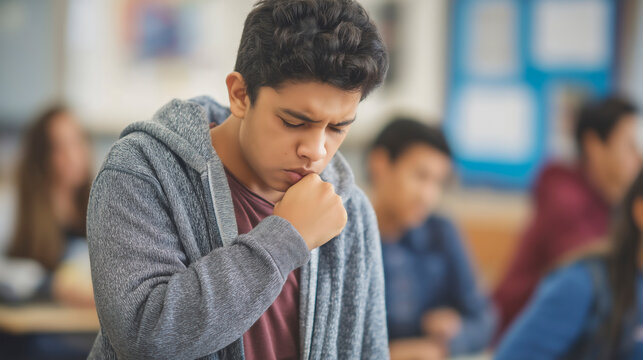 Unwell Male Student Coughing in Class, Feeling Sick and Distressed