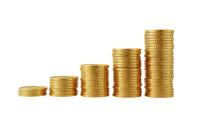 Stacks of gold coins increasing in height on a black background representing financial growth