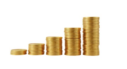 Stacks of gold coins increasing in height on a black background representing financial growth