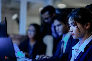 A diverse team of Asian and Indian AI developers collaborates on complex code. A senior engineer...