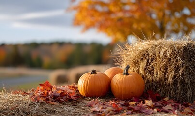 a rustic fall scene featuring bright orange pumpkins resting on golden hay bales, scattered fallen maple leaves with vivid red and orange tones, and dried wheat stalks swaying in a gentle breeze