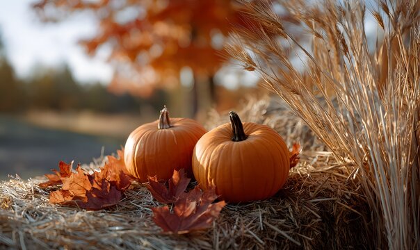 a rustic fall scene featuring bright orange pumpkins resting on golden hay bales, scattered fallen maple leaves with vivid red and orange tones, and dried wheat stalks swaying in a gentle breeze