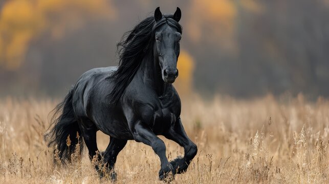 Majestic black horse galloping through golden autumn fields in a serene landscape