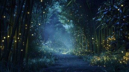Bamboo forest with magical glowing fireflies at night, tranquil Zen fantasy vibe, cinematic background.