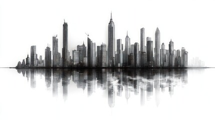 Fototapeta premium Monochromatic cityscape skyline, reflected on a calm water surface