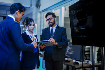 A senior AI architect leads a training session for a diverse team of developers. He explains a...