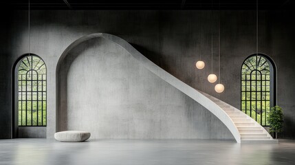 Obraz premium Modern concrete interior with curved staircase, arched windows, and minimalist seating