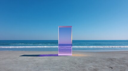 Fototapeta premium Rectangular glass reflects ocean on sandy beach under clear sky