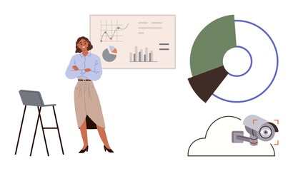 Woman in business attire near analytics board, pie chart, surveillance camera on cloud. Ideal for analytics, data security, business strategy, technology, cloud storage, leadership professional