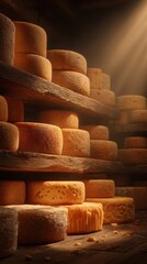 Fototapeta premium Variety of aged cheeses displayed on wooden shelves in a warm, rustic cellar setting during evening light