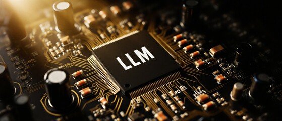 llm AI: a black computer chip labeled LLM on a circuit board with gold connections | ai, technology, innovation, digital, development theme