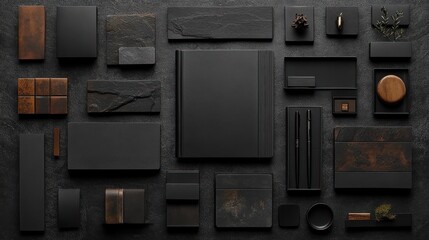 Dark, minimalist stationery and accessories arranged on a textured surface