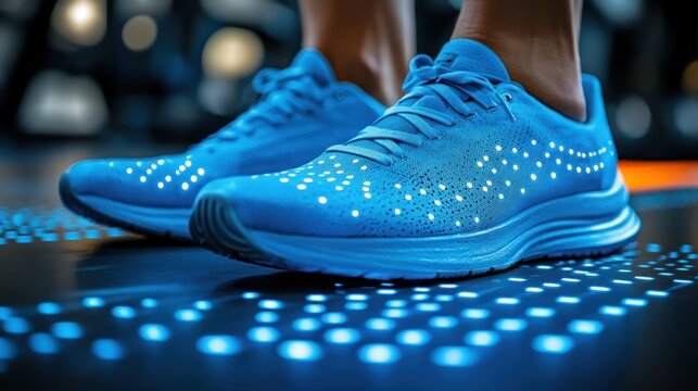 Light-up running shoes on illuminated track