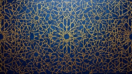 Intricate Islamic geometric pattern with interlocking stars and polygons, gold foil on deep blue background
