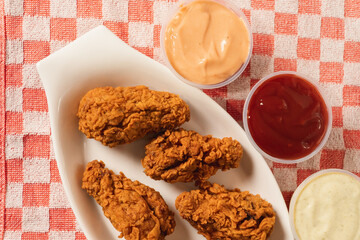 Top view of fried chicken on a table with a tablecloth.