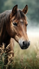 Obraz premium Majestic horse gazes thoughtfully in a serene meadow during early morning light