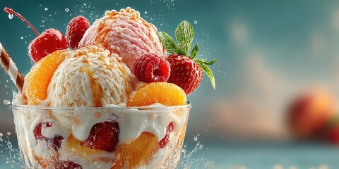 Vibrant fruit and ice cream dessert topped with fresh berries and mint on a sunny day