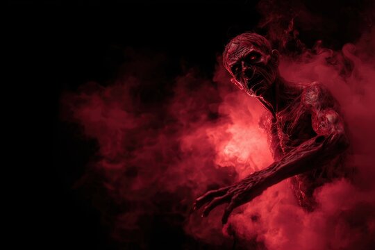 A gruesome zombie slayer emerges from smoky darkness Horror