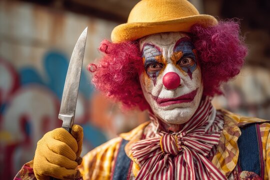 A jester with a knife stands before an abstract backdrop