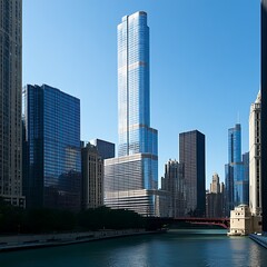 Obraz premium Stunning urban skyline with glass skyscrapers at evening sunset view image