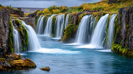 Fototapeta premium Majestic Waterfalls Cascade Into a Serene River Surrounded by Lush Greenery and Vibrant Autumn Colors in Iceland's Stunning Landscape