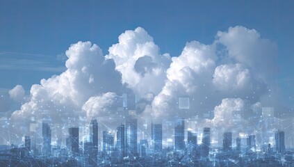 City skyline obscured by cumulus clouds, overlaid with a network of digital lines and data points