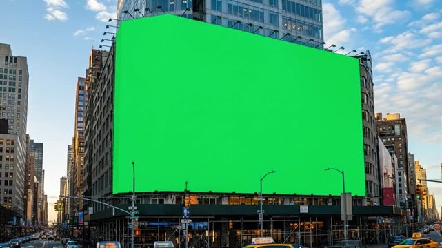 Green screen billboard on building in city street with traffic and skyscrapers in the background view