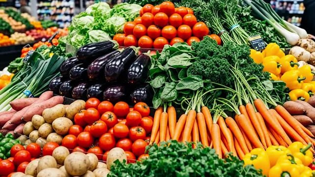 A vibrant display of fresh produce featuring tomatoes eggplants carrots and leafy green vegetables galore