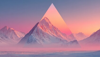 A snowy mountain range, emphasized by a vibrant, triangular overlay