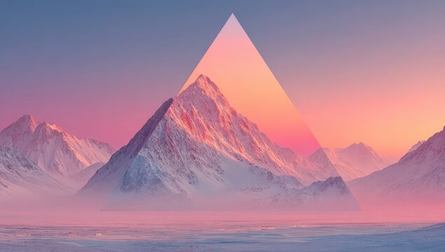 A snowy mountain range, emphasized by a vibrant, triangular overlay
