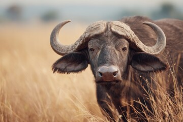 Close up illustration of a buffalo in Uganda s savannah