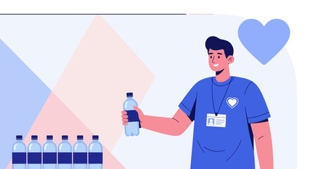 Volunteer Offering Water Bottles Depicting Community Support And Fresh Beverages