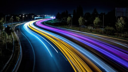 Night highway lights trails