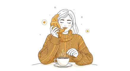 Warm Morning: A Woman Enjoying Coffee With Baked Croissant with a Sweater