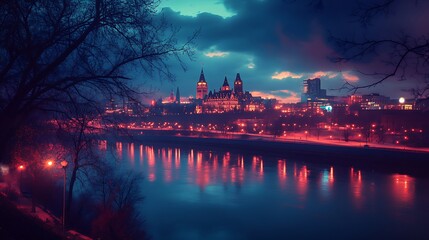 Fototapeta premium Stunning wet street reflecting parliament lights high resolution picture